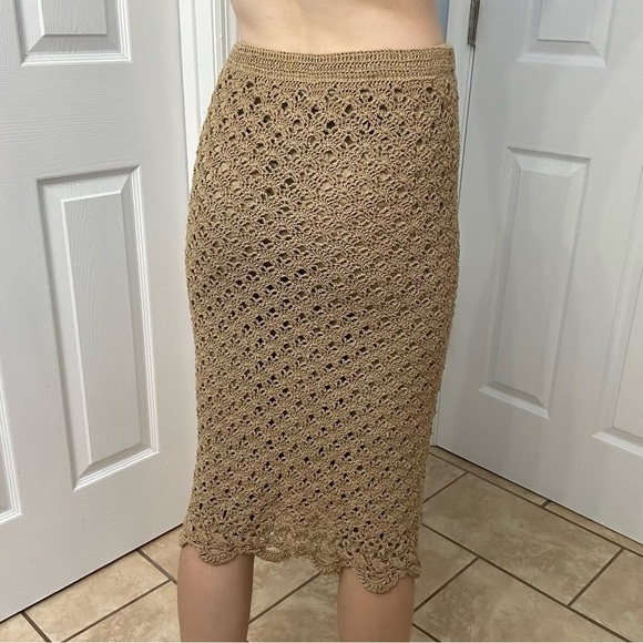 Vintage Skirt Midi Fitted Knit Boho Fairy Earthy Brown Tan Linen Size Medium - Picture 1 of 5